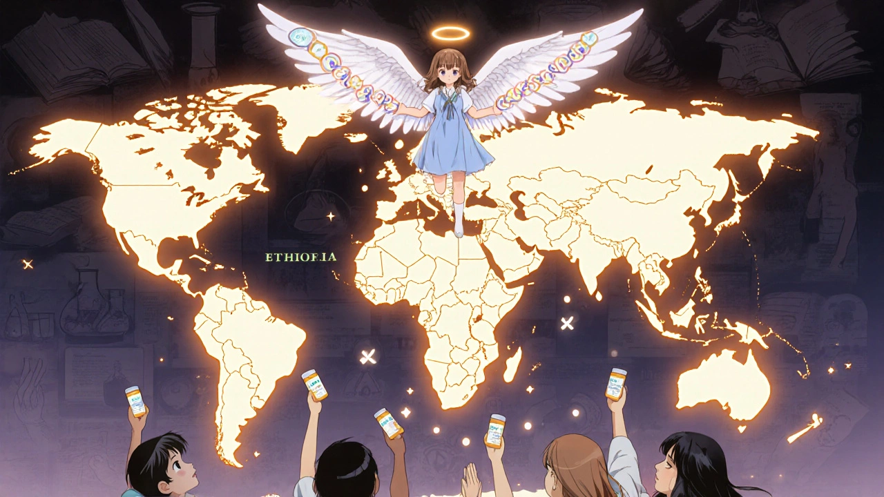 A celestial figure brings hope to global TB patients with metronidazole, symbolizing accessible cure.