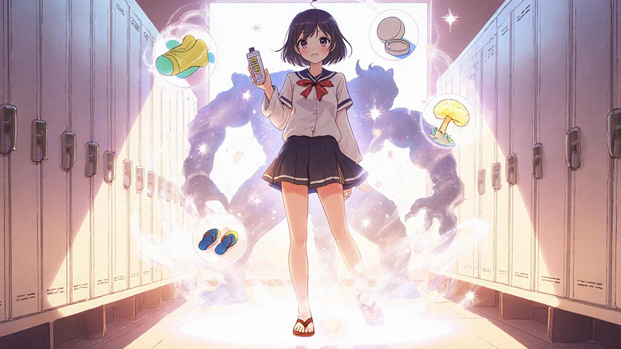 A confident person in flip-flops standing in a locker room, with protective symbols floating around her feet.