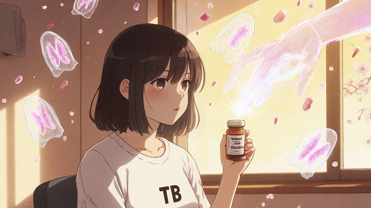 A patient in a clinic holding a metronidazole pill as TB bacteria fade into light around them.