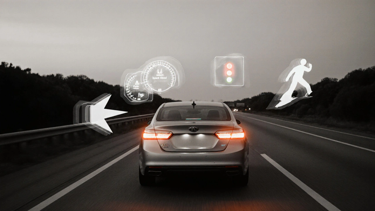 Car on highway surrounded by ghostly icons showing speeding and crash risk.