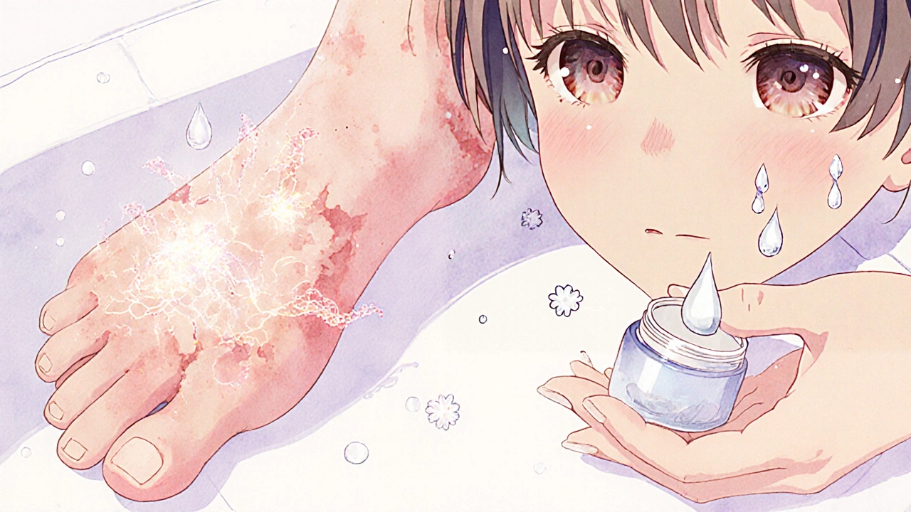 Close-up of peeling, irritated skin with gentle moisturizer being applied, fungal threads dissolving into light.