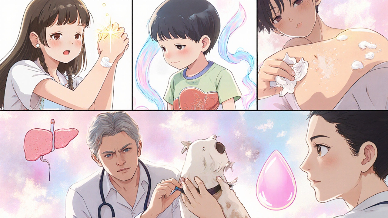 Collage of five scenes showing crotamiton used for insect bites, atopic dermatitis, liver itch, urticaria, and a dog.