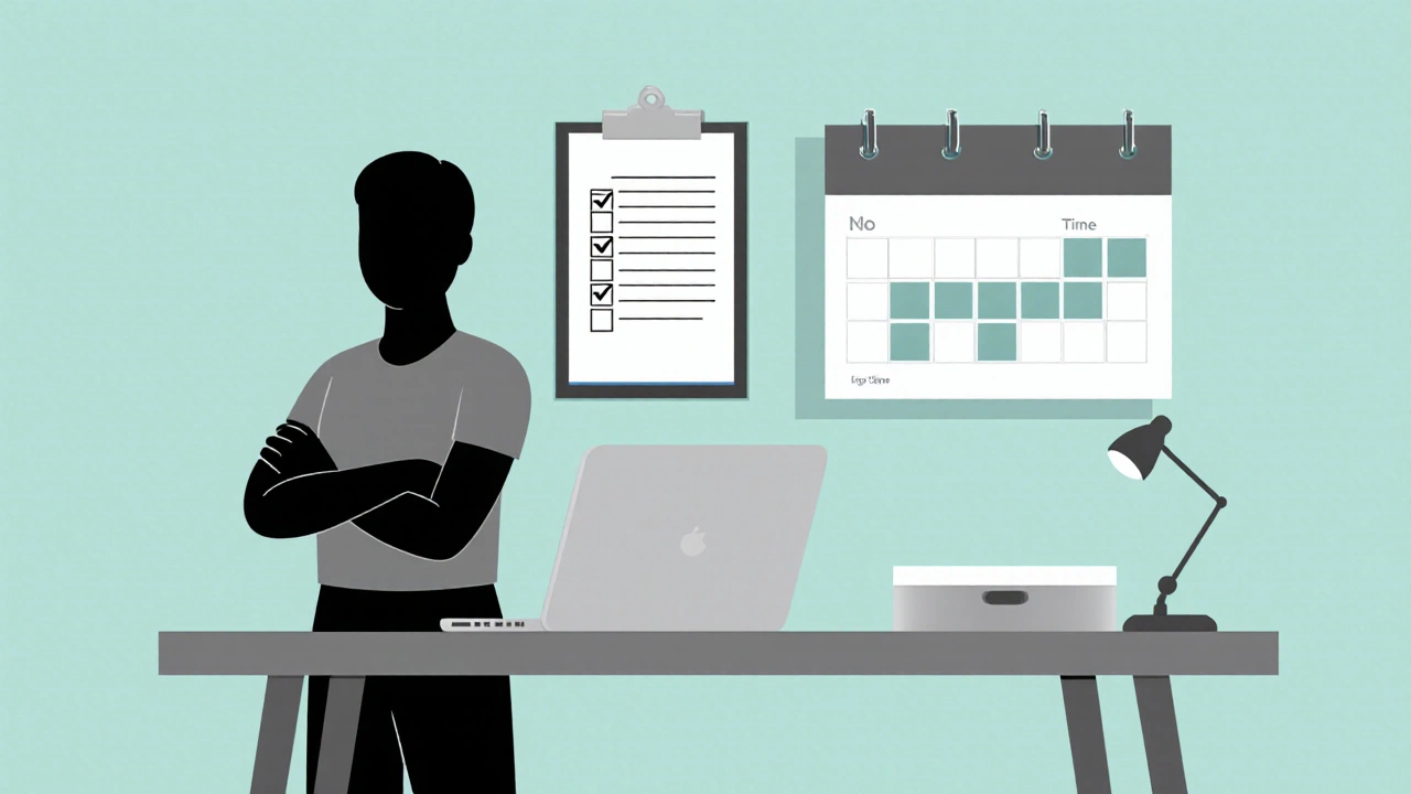 Confident individual surrounded by a checklist, calendar, and light‑therapy box, symbolizing a personal advocacy plan.