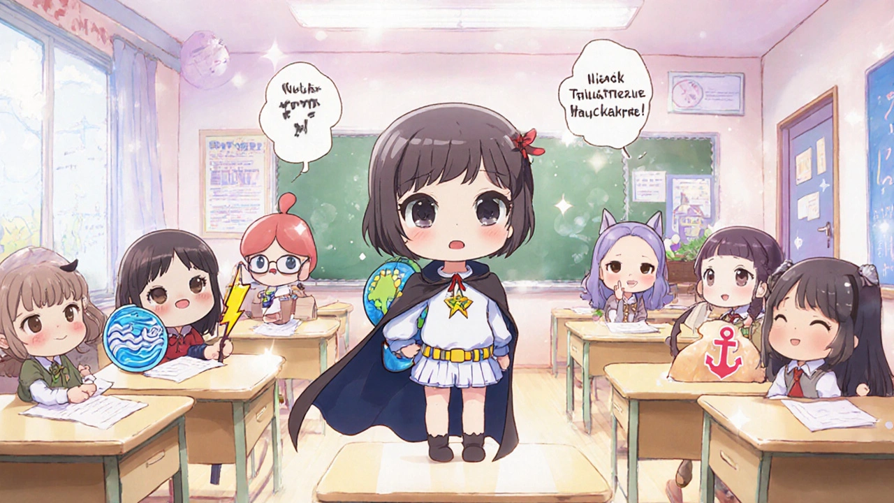 Cute drug mascots in a classroom, Albendazole in the center with a cape.