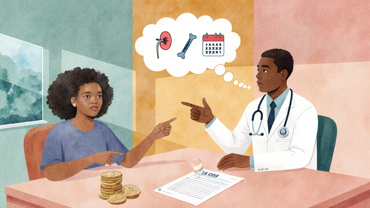 Doctor and patient discussing treatment with icons for kidney, bone, injection schedule, and cost.