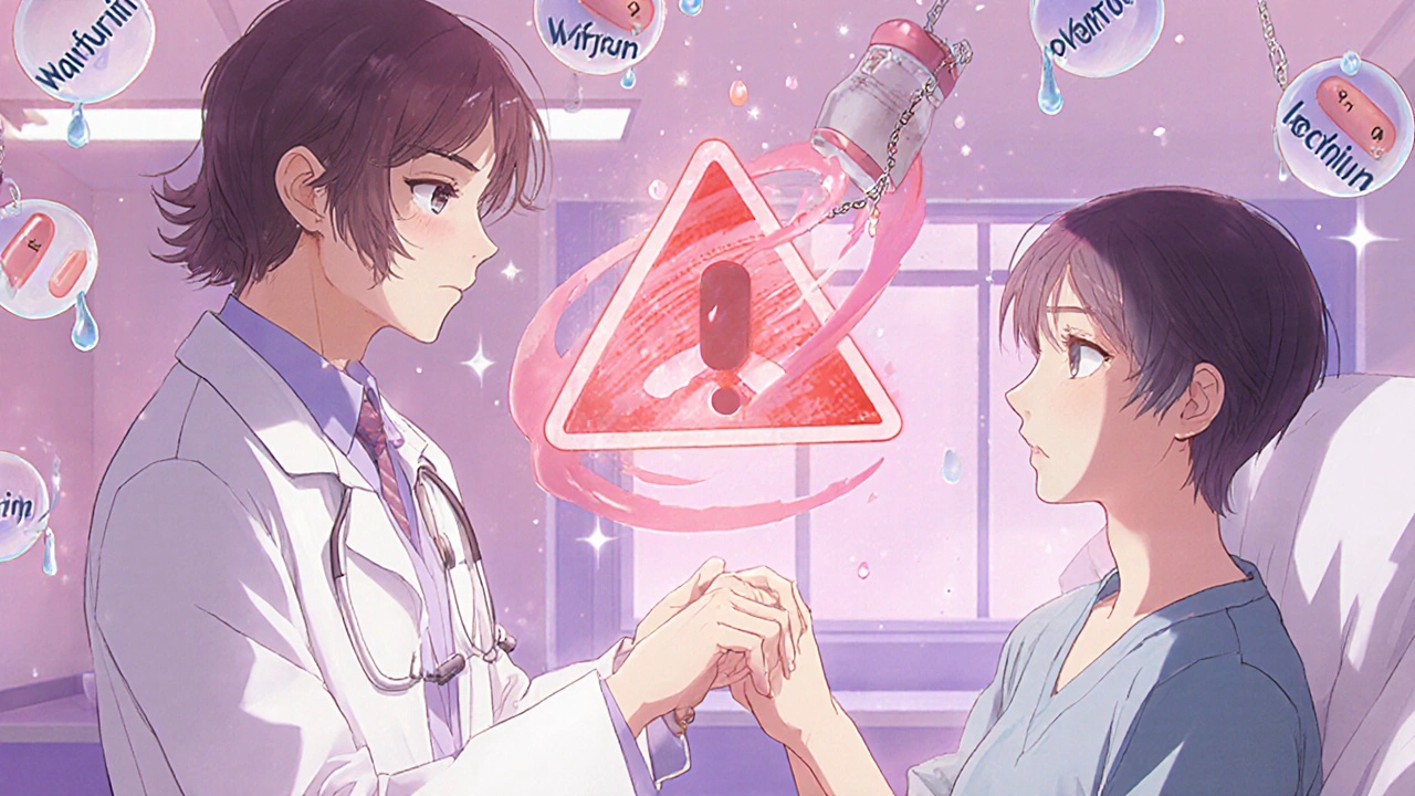 Doctor comforting patient as warning symbols of drug interactions glow around them