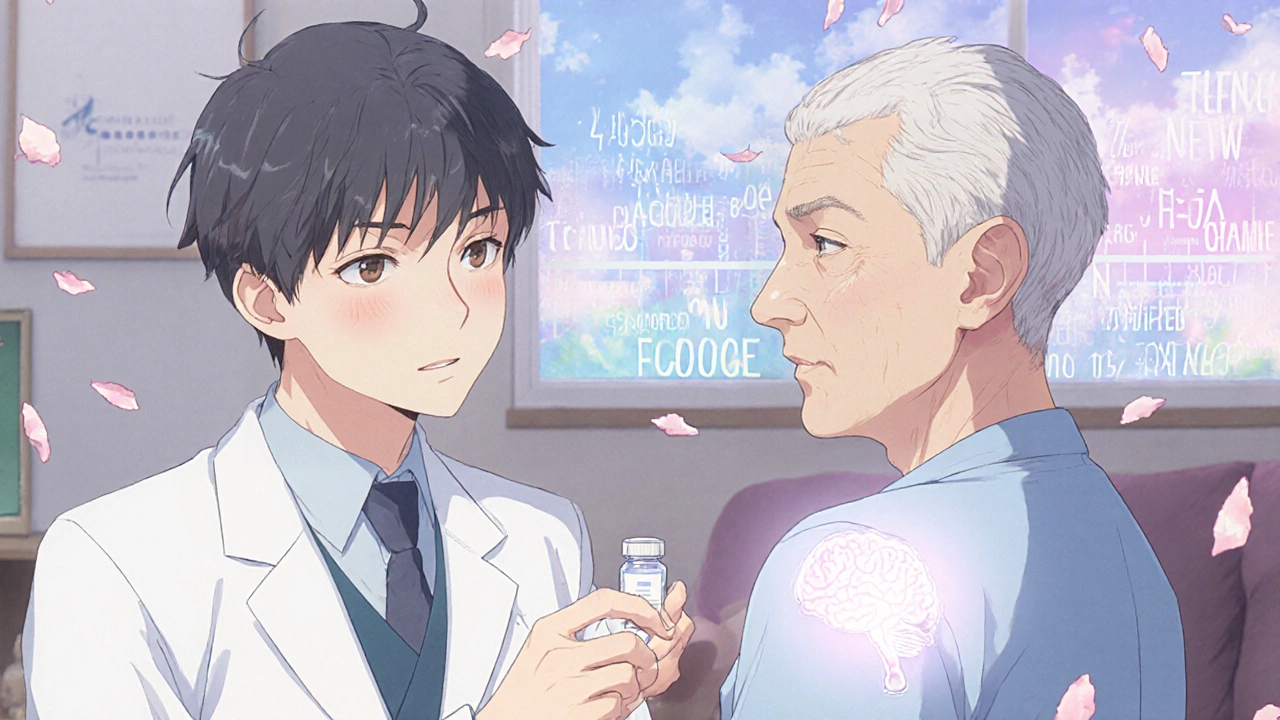 Doctor explaining selegiline to an older man, with glowing patches and clear vs. foggy mind timelines.