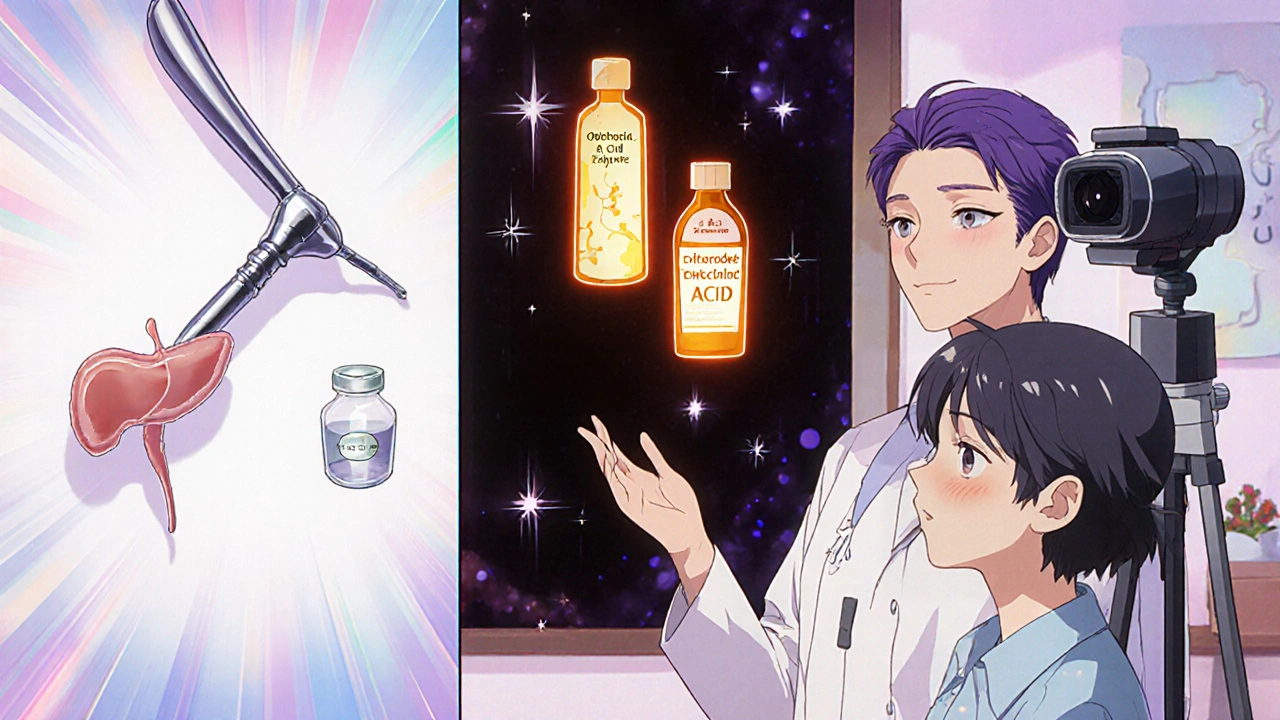 Doctor explaining three gallstone treatments: surgery, medication, and lithotripsy in manga panels.