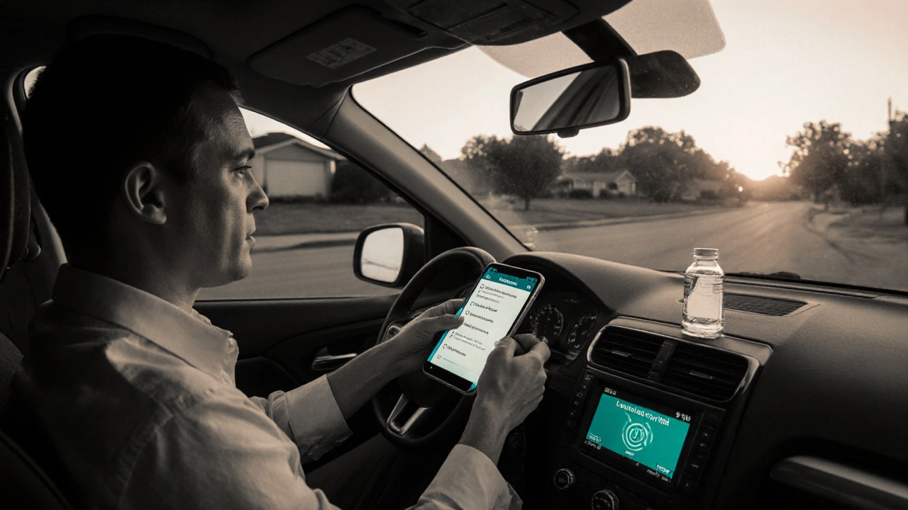Driver using checklist, medication and safety tech before a calm morning drive.