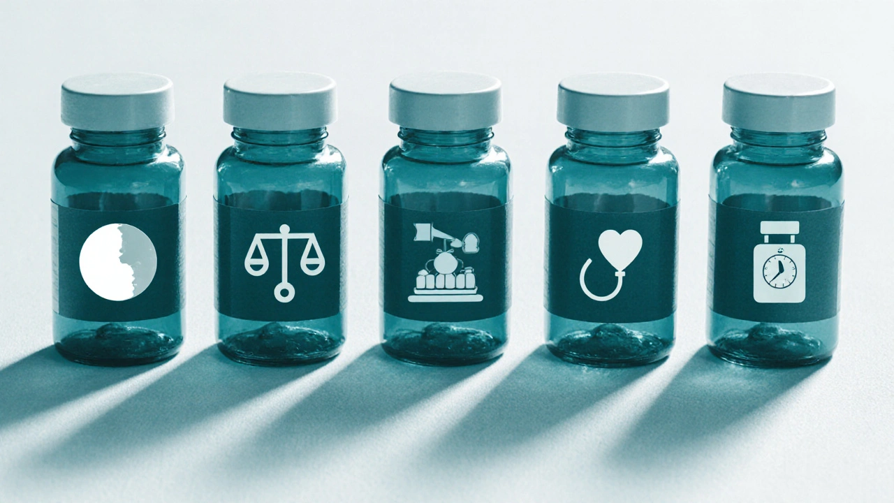 Duotone collage of pill bottles with icons representing side‑effects of alternative antidepressants.
