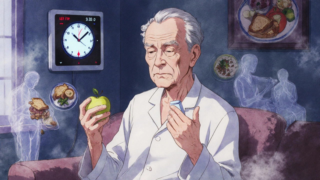 Elderly man holding apple and glucose tablet, fading meal images behind him, medical monitor showing drop.