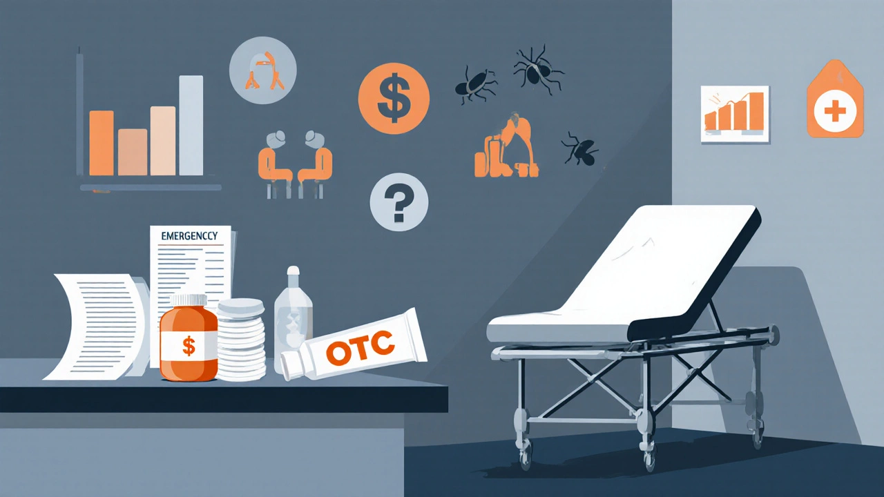 Flat illustration of medical bills, prescriptions, and cost icons for anal itching.