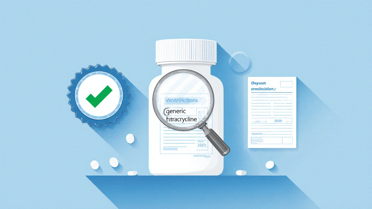 Flat lay of a pill bottle, magnifying glass, and verification badge icon on a table.