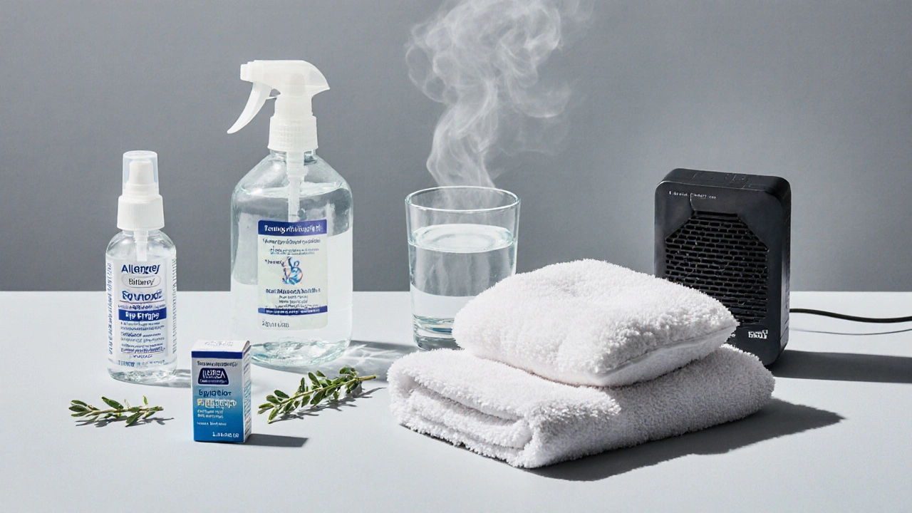 Flat‑lay of allergy relief kit: saline spray, eye drops, antihistamine pills, compress, HEPA filter.