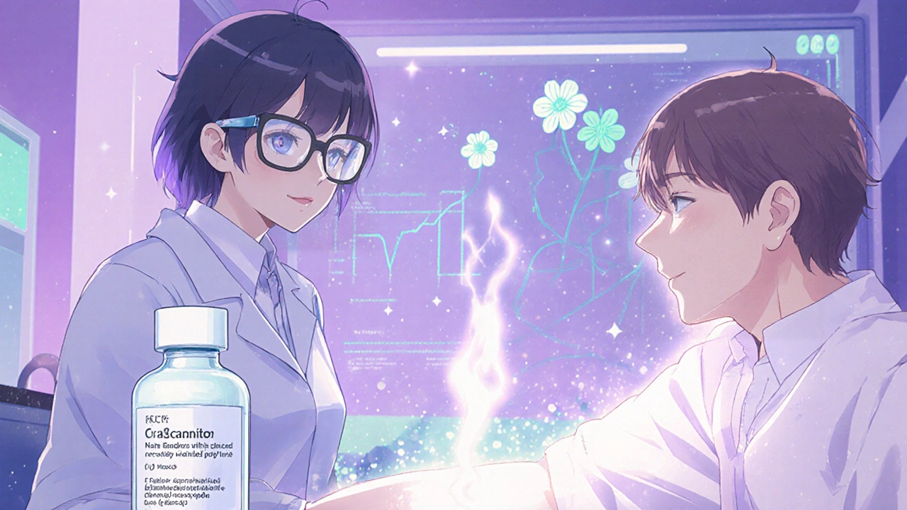Futuristic lab where a scientist presents a nano‑emulsion crotamiton vial, showing lasting itch relief.