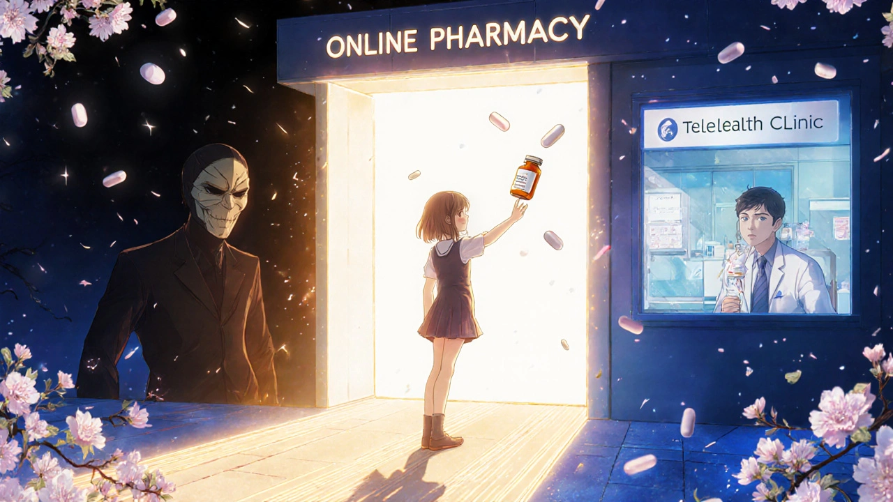 Girl hesitating between fake and legitimate online pharmacy portals
