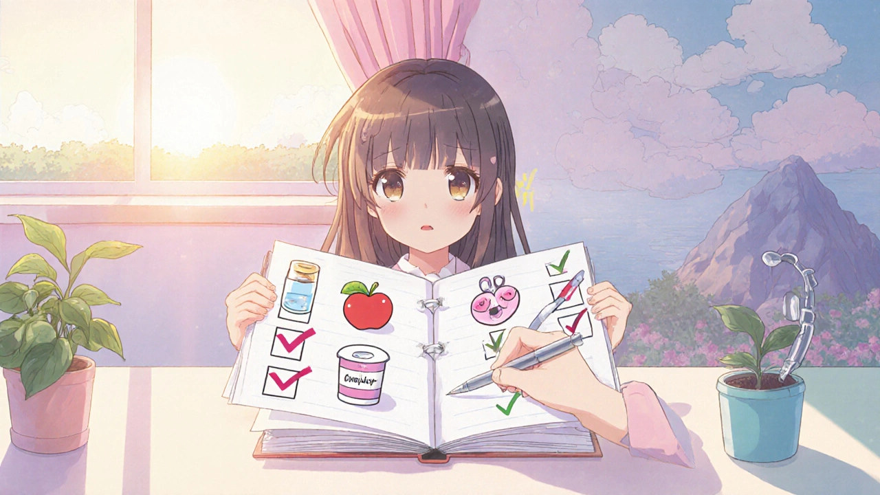Girl marking cute icons of water, cranberry, probiotic, estrogen cream, and catheter in a notebook.