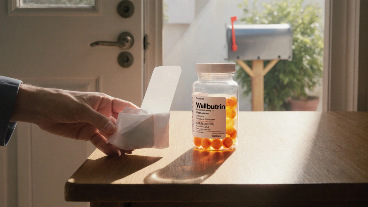 Hand receiving a parcel containing a generic Wellbutrin bottle with orange tablets.