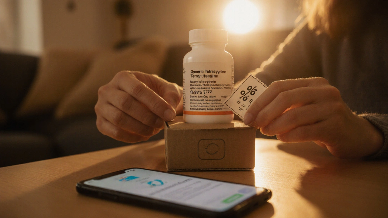 Hands opening a delivery box revealing a sealed prescription bottle and a discount coupon.