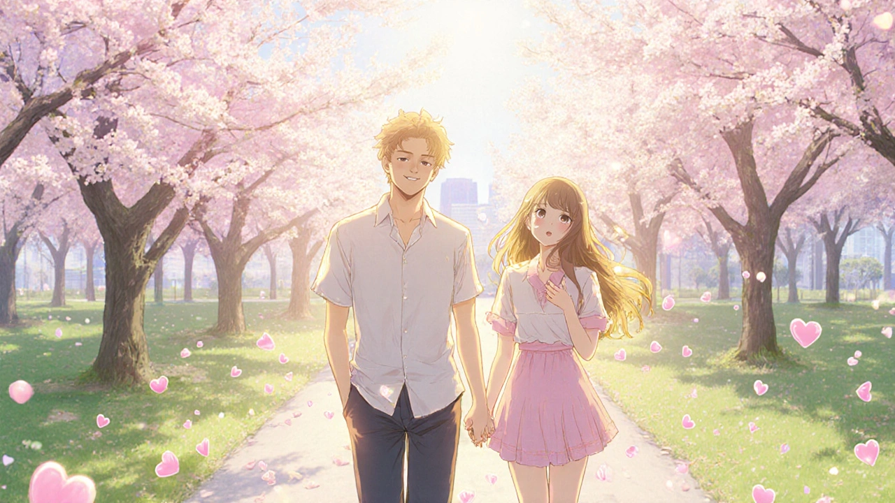 Happy couple walking hand‑in‑hand under cherry blossoms, bathed in warm sunlight.