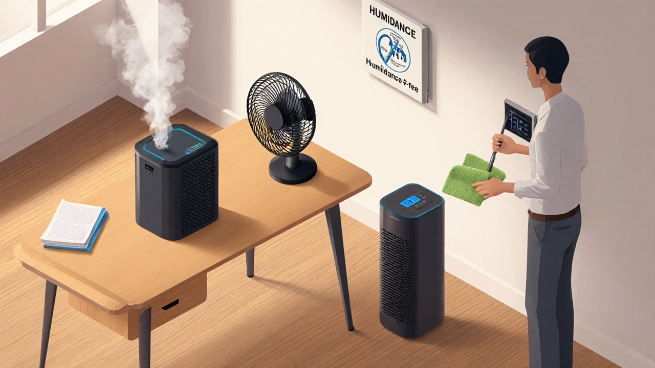 Isometric office showing HEPA filter, fan, humidity gauge, hardwood floor, and fragrance‑free sign.