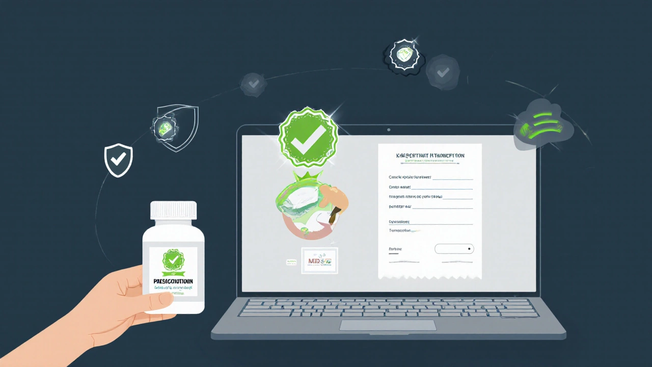Laptop screen showing verified pharmacy badge beside clomid bottle and prescription.