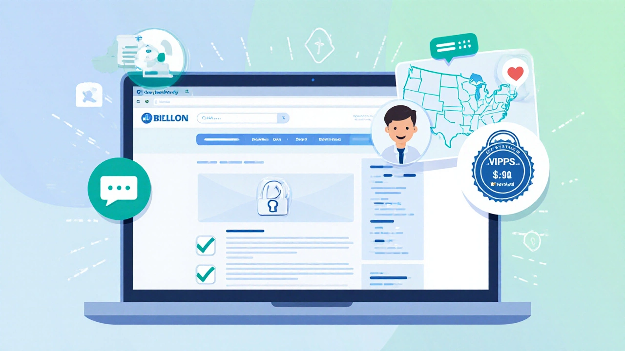 Laptop with online pharmacy page and floating verification checklist icons.