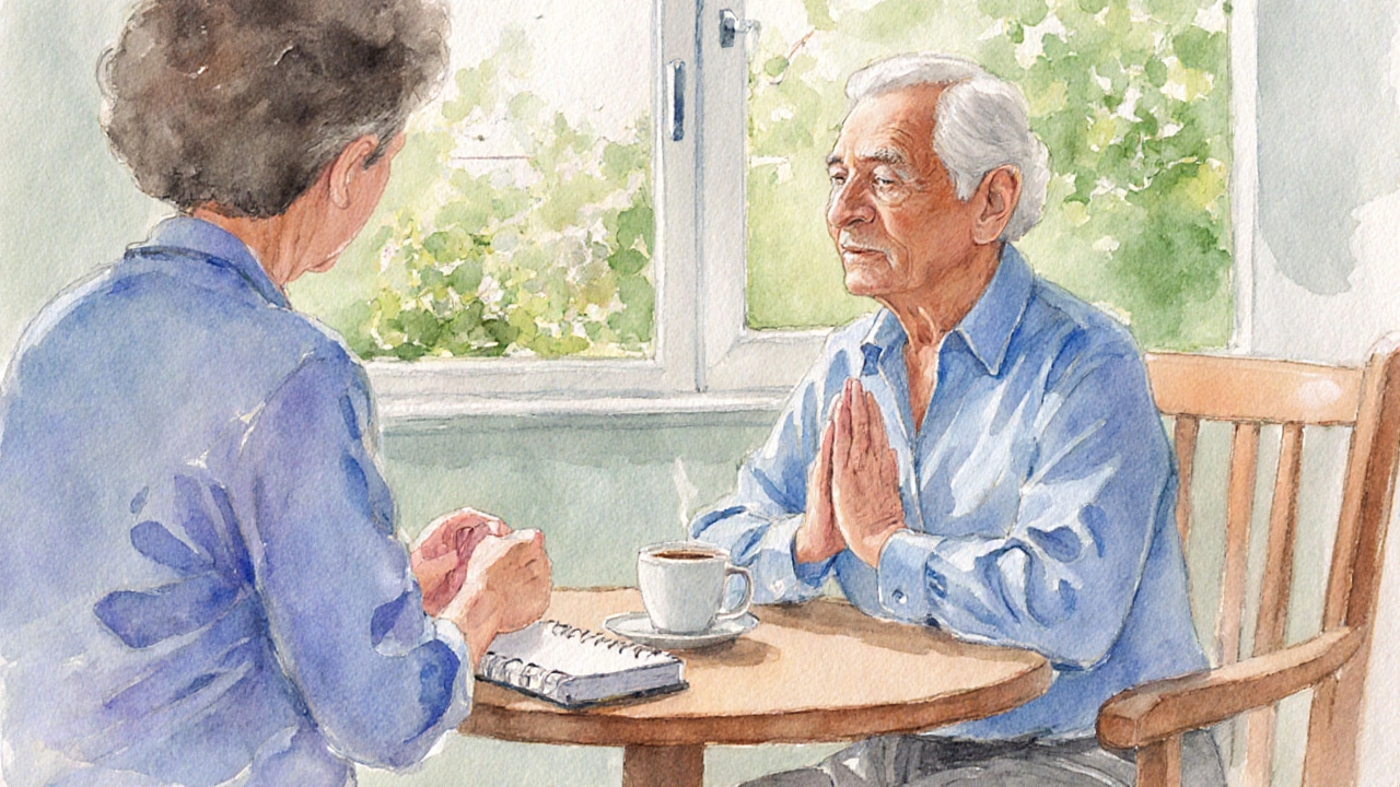 Older adult practicing mindful breathing while sharing coffee with a friend.