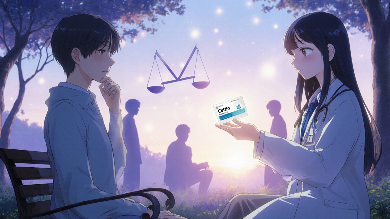 Patient and doctor in a twilight garden, a glowing Ceftin tablet balanced against other antibiotic silhouettes.
