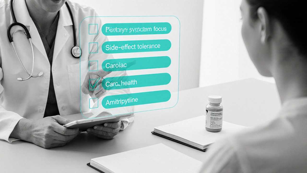 Patient and doctor reviewing a duotone checklist about switching from Amitriptyline.