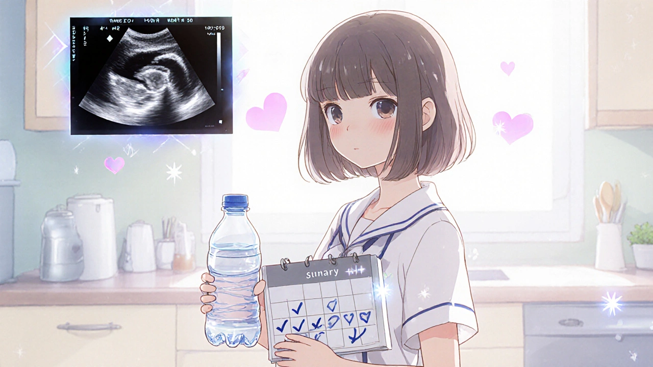 Patient in kitchen holding water bottle and calendar, with small stone shown on ultrasound.