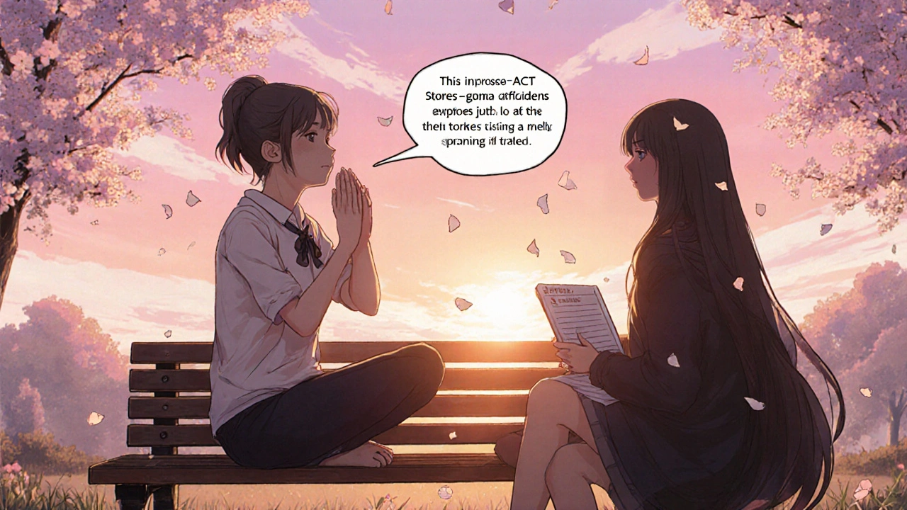 Person practices breathing on a sunrise park bench with a friend, showing confidence and progress.