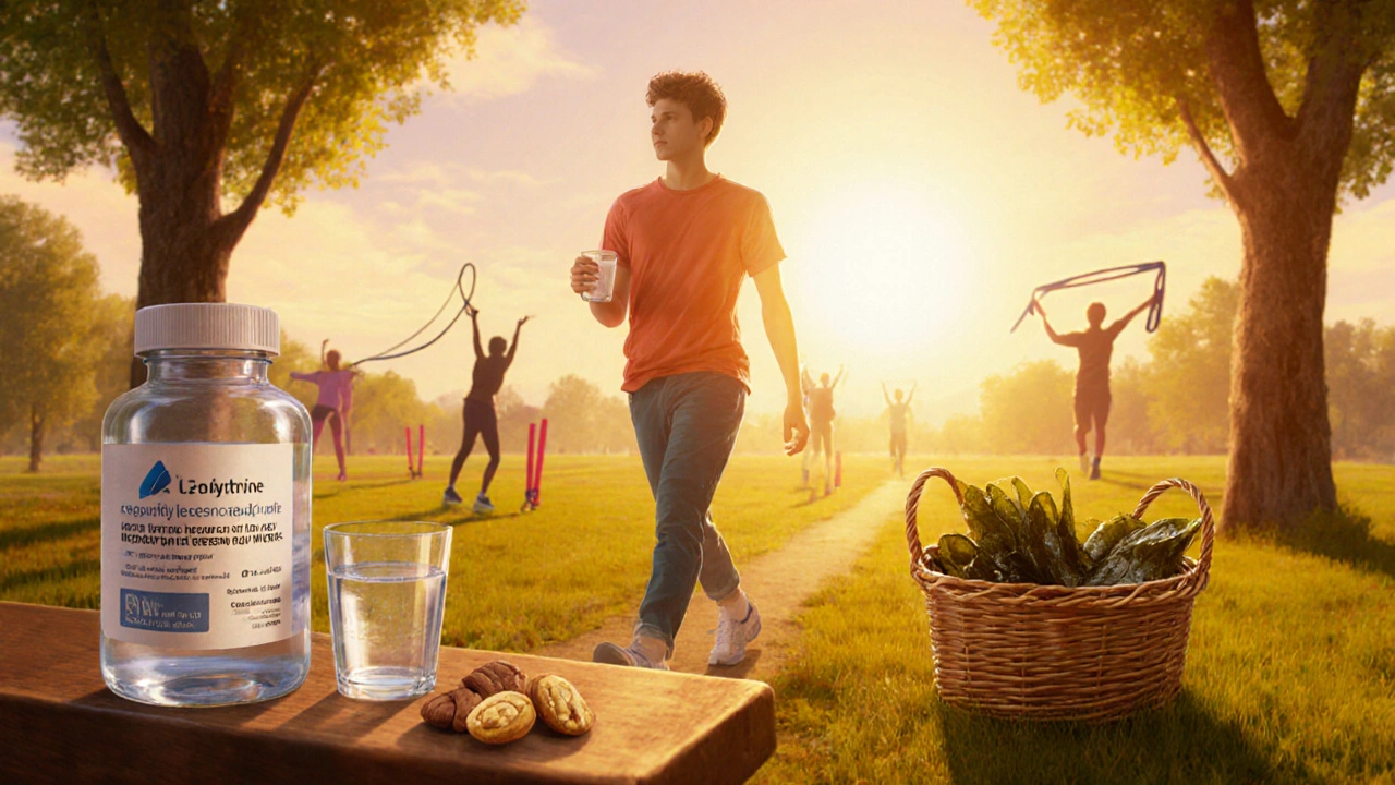 Person walking in park with medication bottle, healthy foods, and sunrise suggesting recovery.