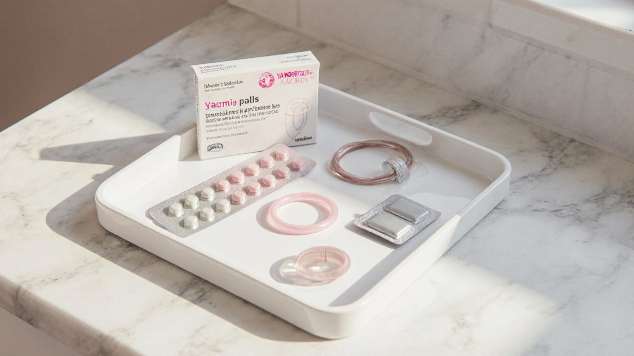 Photorealistic tray showing pills, a vaginal ring, a patch, and an IUD against a marble surface.