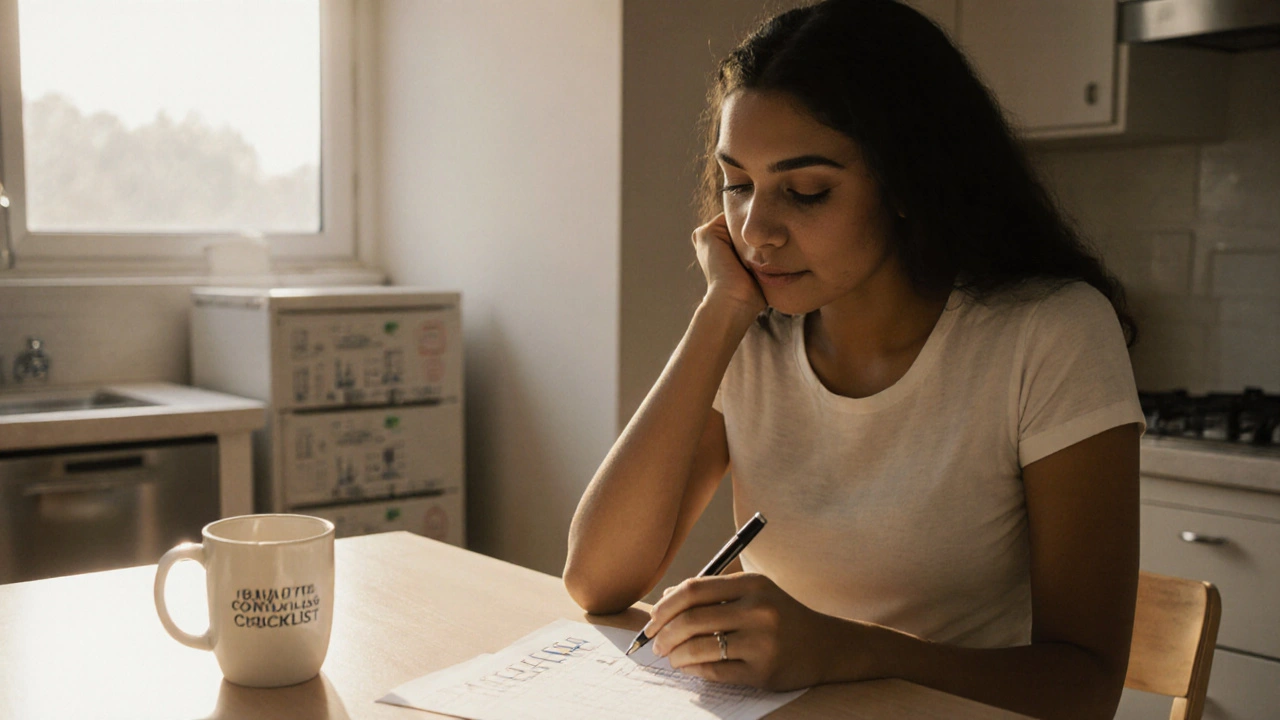 Portrait of a woman thoughtfully reviewing a checklist at a kitchen table with warm morning light.