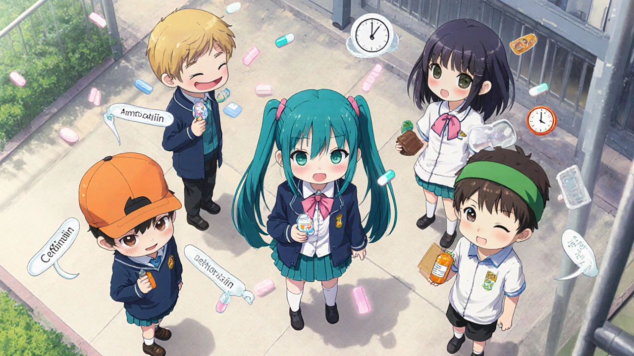 School scene with cute characters representing different antibiotics, each with distinct accessories.