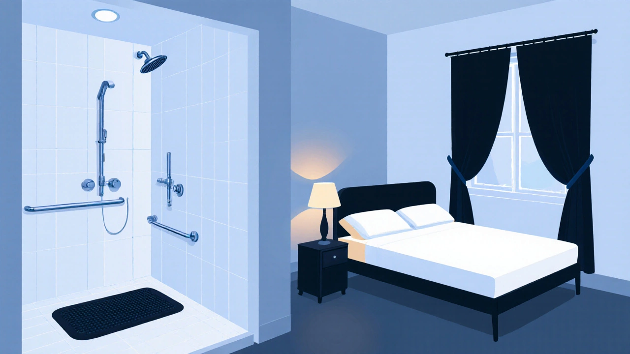 Senior‑friendly bathroom and bedroom showing safety modifications.
