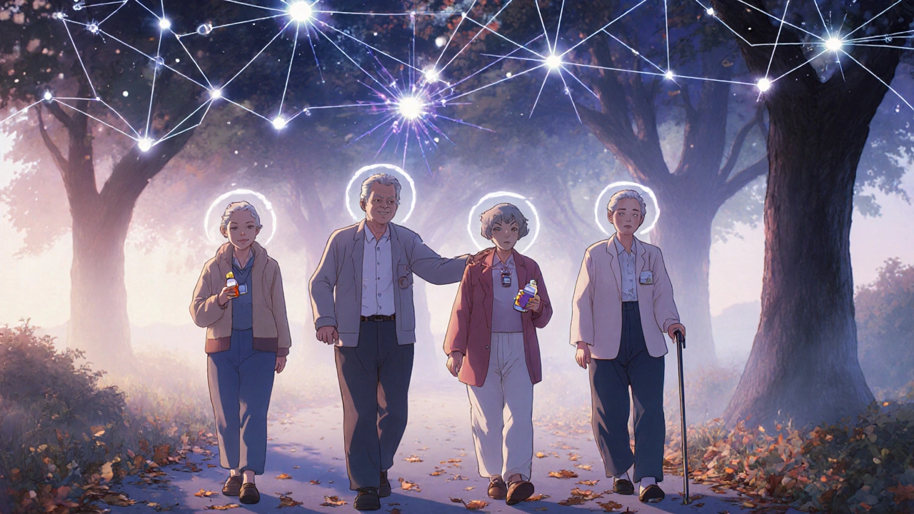 Seniors walking in a park at dawn, connected by glowing neural pathways and rising mist.