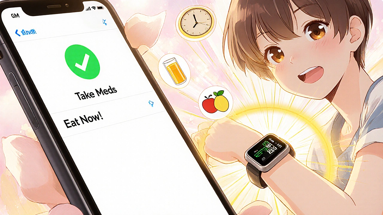 Smartphone reminder app glowing green, person with CGM surrounded by healthy food icons and light rays.