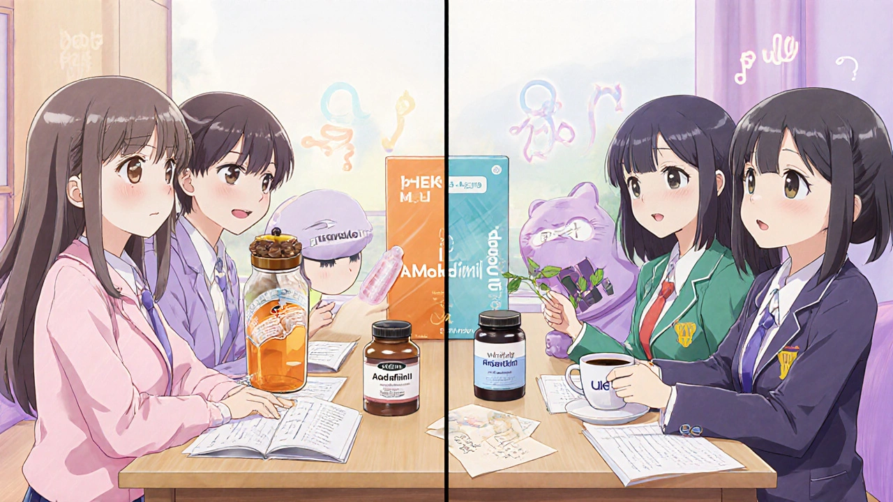 Study lounge scene with characters representing Modawake, Armodafinil, Adrafinil, Ritalin, caffeine, and Pitolisant.