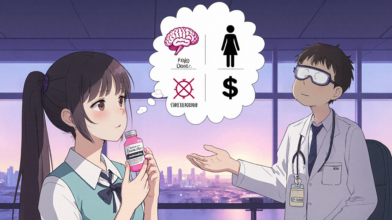 Traveler holding Albendazole bottle, contemplating icons of brain, pregnancy, cost.