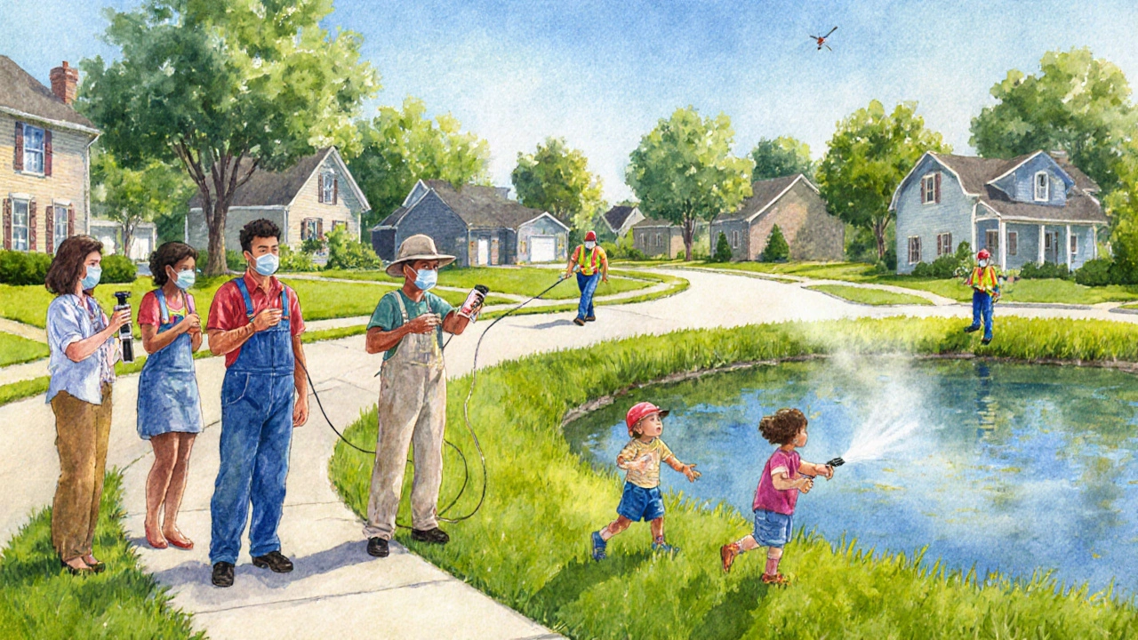 Watercolor of people using repellents, protective clothing, and mosquito control.
