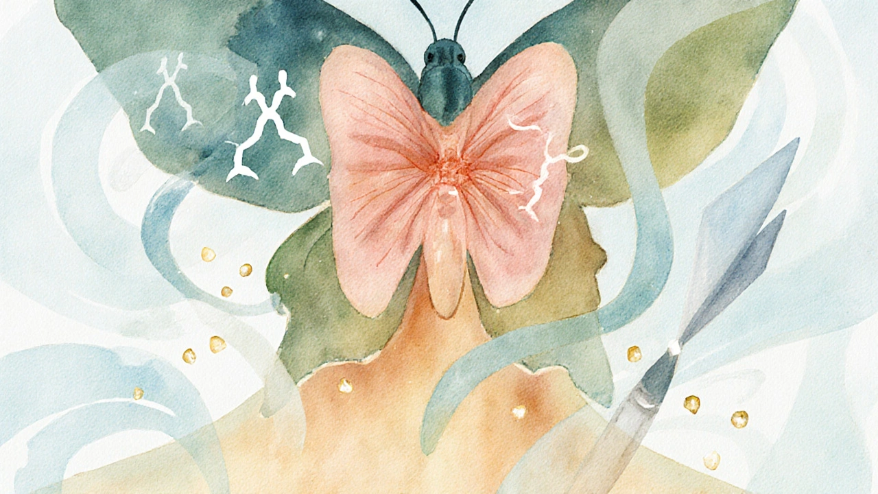 Watercolor thyroid butterfly being targeted by antibodies and lacking iodine symbols.