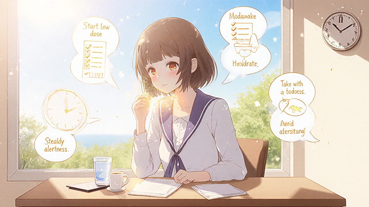 Woman at desk taking Modawake with coffee, surrounded by floating usage tips.