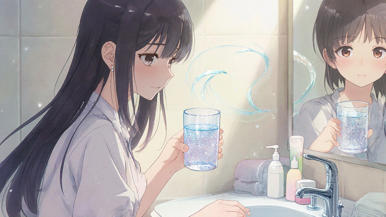 Woman holding a glass of sparkling water in a bright bathroom with gentle water trails.