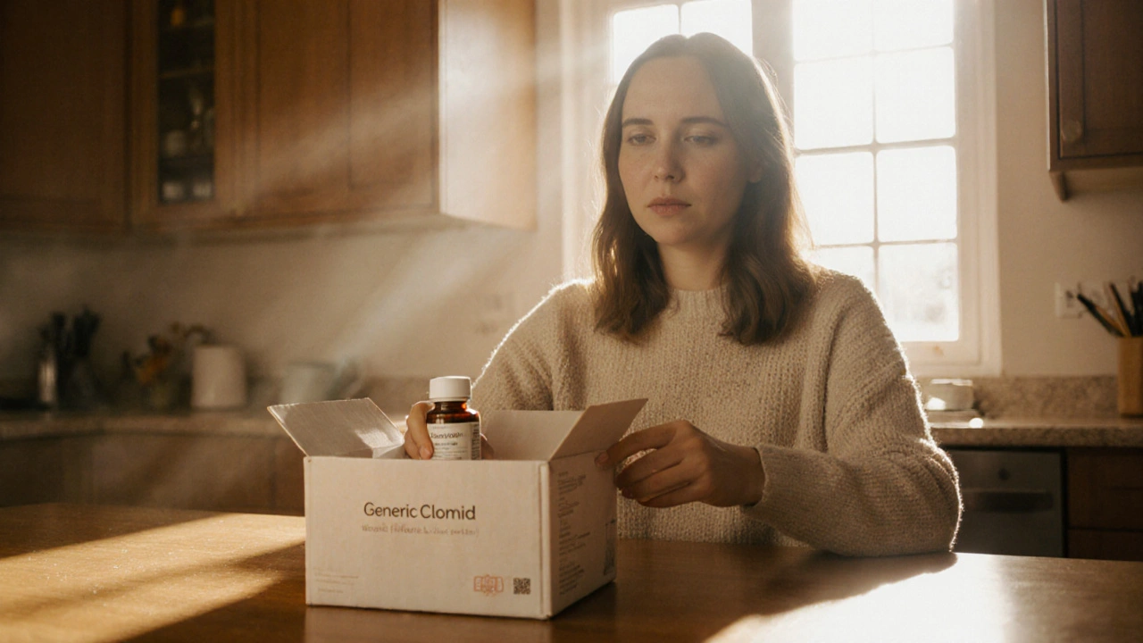 Woman opening a parcel with a clomid bottle in a sunny kitchen.