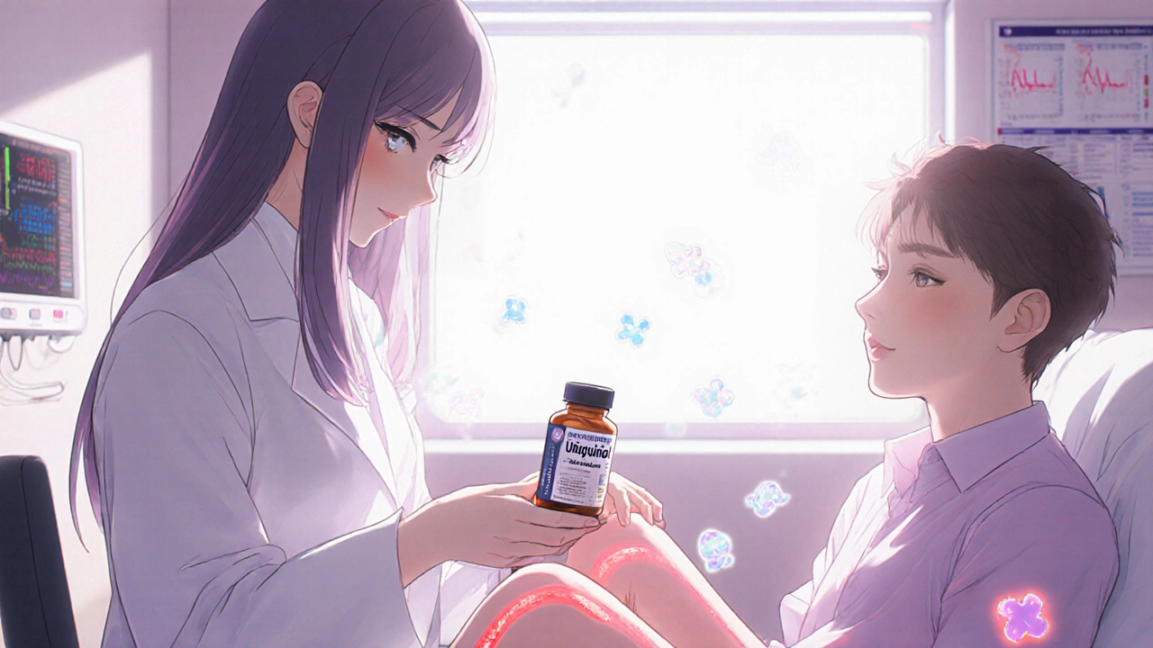 A cardiologist hands a patient a ubiquinol bottle in a sunlit clinic, glowing CoQ10 molecules float between them.