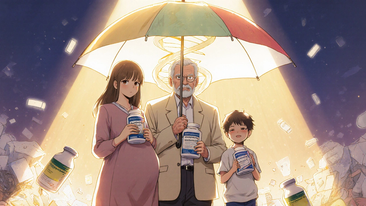 A diverse group holding safe antibiotics under a DNA-shaped umbrella, while nitrofurantoin bottles crumble behind them.