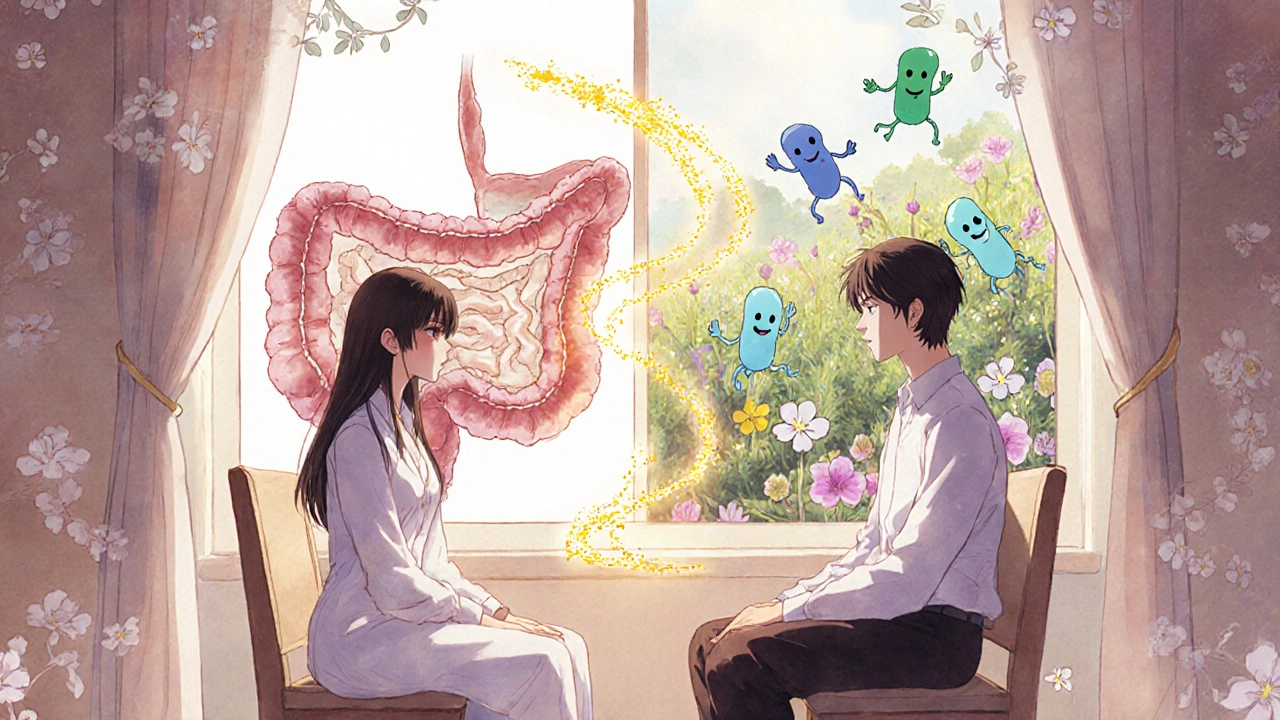 A donor and recipient connected by golden gut flora, one side showing a damaged colon, the other a thriving microbial garden.