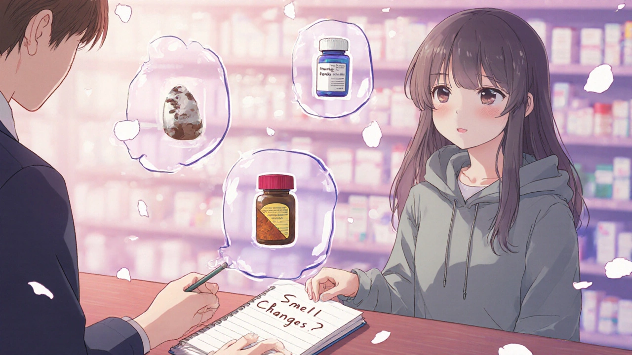A girl at a pharmacy with floating drug symbols representing distorted smell side effects.